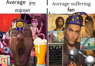 Drake-style meme: hedonistic chaos vs. ironic spiritual eclecticism—suffering rebranded as aesthetic sophistication.
