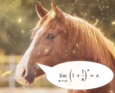 A luminous chestnut horse holds Euler's formula in a speech bubble, joking that mathematical constants are the original limited editions.