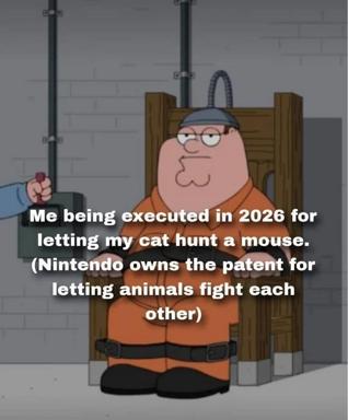 Peter Griffin faces execution in 2026 for patent infringement: his cat hunted a mouse, and Nintendo owns the patent on letting animals fight each other.