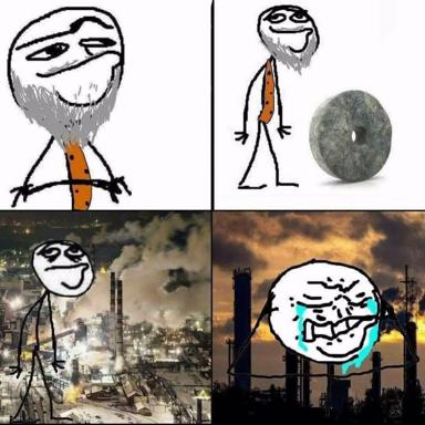 Wojak meme chronicling escalating industrial dystopia: man's satisfaction curves into despair as factory smog and catastrophic cityscape close in.
