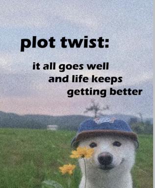 A contented dog in a rural field holds a small yellow flower, serene against an optimistic landscape.