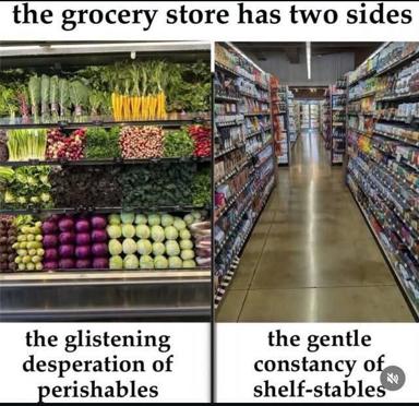 A philosophical meme comparing the vibrant urgency of a grocery store's produce section to the static permanence of its processed goods aisle—life versus shelf-stability.