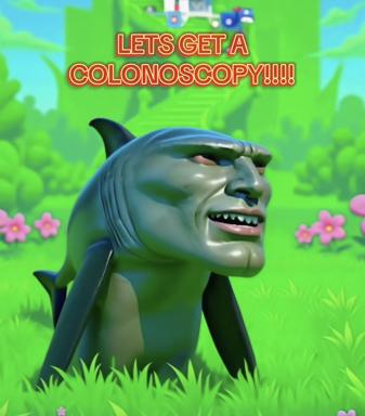 An unnervingly cheerful ogre-like creature with a menacing grin promotes colorectal screening in a saccharine bright-green fantasy meadow.