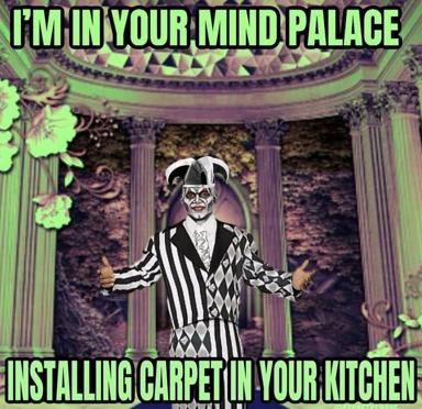Beetlejuice in an ornate palace hall with surreal neon-green vines, declaring he's installing kitchen carpet in your mind palace. Tim Burton gothic meets absurdist domestic meme.