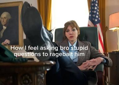 Office-worker meme about the discomfort of asking leading questions; a woman in formal business wear seated at an imposing desk in what looks like the Oval Office, looking exhausted.