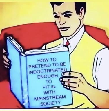 A man in a suit reads a self-help manual about faking compliance with mainstream values—a retro pop-art riff on conformity and performance.
