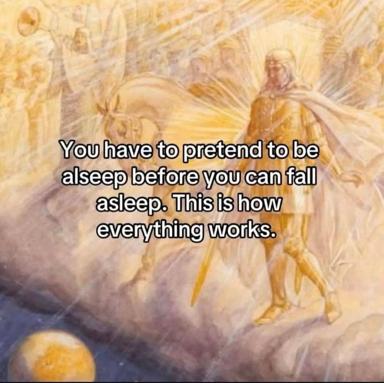 Existential wisdom on sleep and surrender, rendered as text overlay on a gauzy, ethereal painting of celestial figures in golden light.