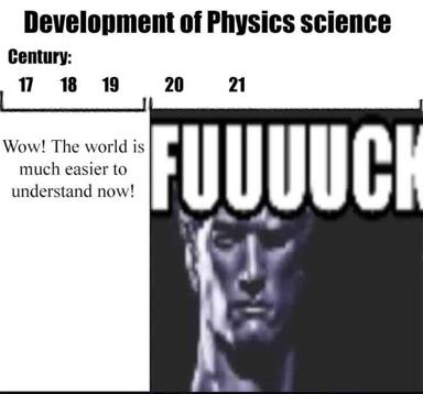 A joke about 20th-century physics breakthroughs swallowing earlier understanding, shown as a timeline where the 21st century figure (obscured by giant text) dwarfs centuries 17–19.