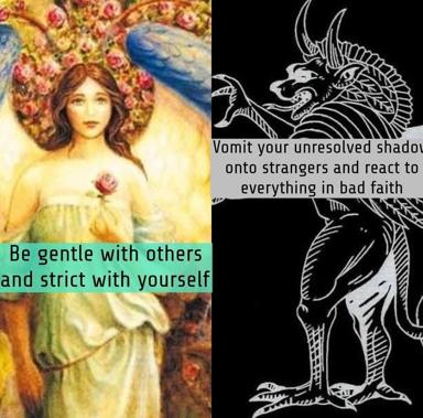 Pre-Raphaelite softness meets shadow-self demonology. Left: a gentle aesthetic ideal in soft pastels and flowers; right: the unresolved chaos lurking beneath—rendered in sharp, articulate line-work against black void.