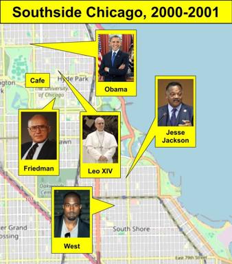 Satirical map of Southside Chicago with overlaid portraits of public figures positioned as location markers—a crude collage suggesting invisible influence networks or biographical geography.