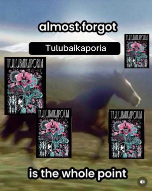 A meme about the obsessive recurrence of Tulubaikaporia — its book cover repeated across a soft-focus pastoral horse image, with the caption "almost forgot / is the whole point." Wry self-awareness about creative fixation.