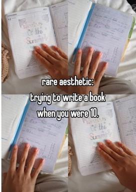 Four-panel meme about the oddly nostalgic feeling of rediscovering childhood attempts to write a book, shown through photos of open notebooks with handwritten text and sketches.