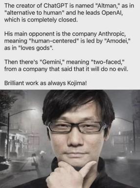 Etymology humor: AI founder names unwittingly encode a theological/metaphysical hierarchy ("alternative human" vs. "loves gods" vs. "two-faced").