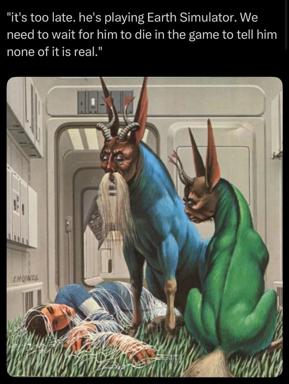 Two beaked demons in a spaceship interior watch a sleeping person, discussing simulation theory with dark absurdist humor.