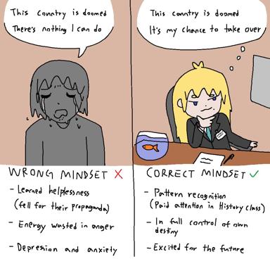 Two-panel mindset comparison: left shows learned helplessness and despair; right shows pattern recognition and agency. Simple digital cartoon with hand-lettered text.