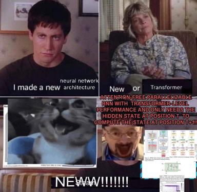 Tech researcher announces a breakthrough neural network architecture. Archival TV/movie stills collaged with technical diagrams and reaction clips to convey breathless excitement about a new ML model.