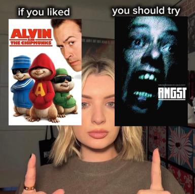 If you liked cheerful children's films, try dark existential dread: a meme pairing Alvin and the Chipmunks with a pixelated angst-face poster.