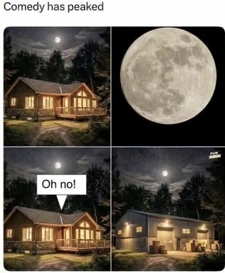 A four-panel visual gag about the moon's apparent size: a cozy cabin bathed in moonlight, then a close-up of the full moon, then the cabin again with "Oh no!" as the moon silently looms, then the moon's gravity steals the cabin's roof away.