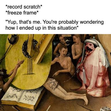 Medieval music scene with cherubs interrupted by modern self-aware meme text: a frozen moment of social awkwardness anchored to Renaissance painting.