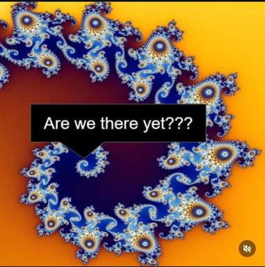 A surreal fractal meditation on impatience: baroque mathematical geometry meets the existential query of travel, rendered in cosmically saturated blues and golds against screaming yellow.