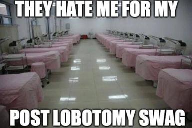 A hospital dormitory lined with pink-draped beds following lobotomy surgery—dark medical humor about post-operative bravado.