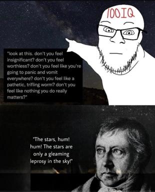 High-IQ anxious monologue meets 19th-century philosophical dismissal of cosmic dread as mere visual disease.