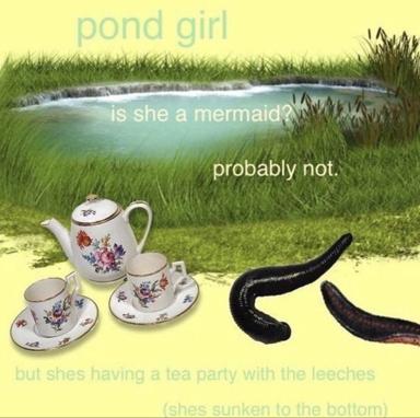 A cryptid pond girl hosts an absurdist tea party with leeches in the wetlands, depicted through deadpan layered text over a whimsical digital collage.