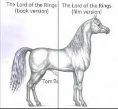 Meme comparing the book vs. film depiction of a Lord of the Rings horse, highlighting the aesthetic divide between literary imagination and cinema.