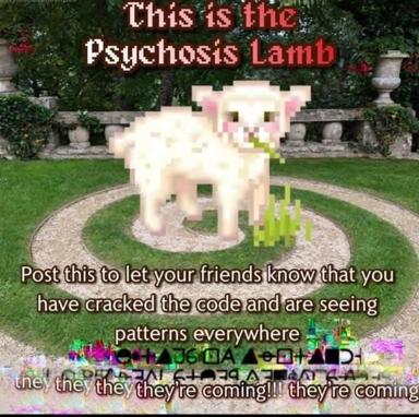 A pixel-art lamb superimposed on a manicured garden garden, declaring recognition of hidden patterns and imminent paranoia.