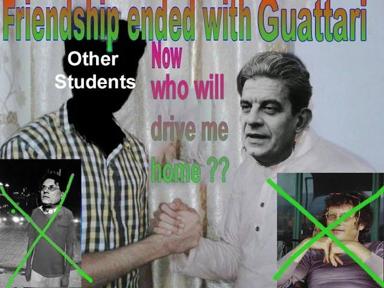 Meme about a friendship ending because you're the one who always drives — a university/college anxiety joke combining vintage mid-century footage with chaotic neon text overlays.