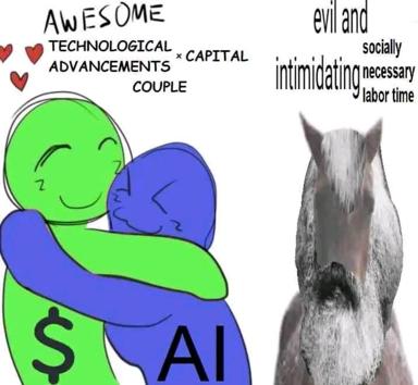 A meme pairing tech-optimism (glowing figures celebrating capital + AI) with a cat's judgmental stare — the joke is the implied cost of such advancement.