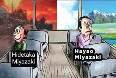 Two Miyazakis on a bus: one sees apocalypse, the other paradise—a joke about opposed artistic visions and the invented "Hidetaka Miyazaki" foil.