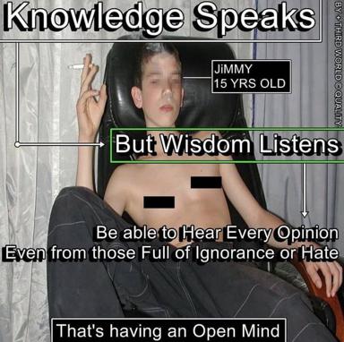 Aspirational diagram: knowledge as lecture, wisdom as listening—a stoic teenager demonstrates the hierarchy of intellectual virtue.