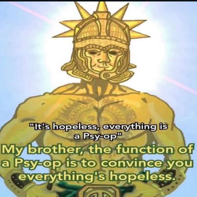 A golden, sun-crowned figure holds reality together while debunking its own despair—a recursive joke about the circularity of conspiratorial thinking.