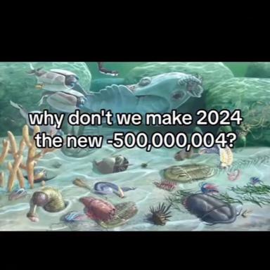 Underwater ocean scene with sea turtles and reef creatures, captioned with a humorous suggestion to revert 2024 to the year -500,000,004 — a joke about wishing to escape to an unimaginably distant past.