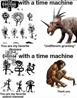 A paleontology textbook meets indifference: humans imagine themselves heroic time travelers while dinosaurs and extinct apes regard us with apathetic grunting.