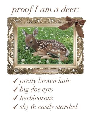 A fawn in an ornate gilt frame, humorously presented as a dating profile checklist: "proof I am a deer" with checked boxes for brown hair, doe eyes, herbivorous diet, and shyness.