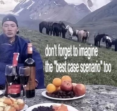 A man in winter gear proposes an optimistic toast amid wilderness picnic goods, with a herd of yaks grazing in a mountain valley behind him — urging viewers not to overlook the best outcome, no matter how unlikely.
