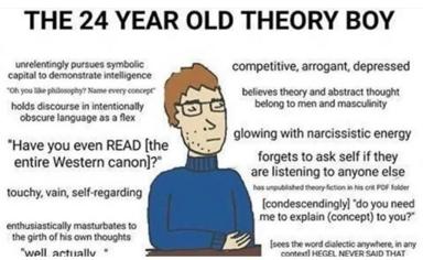A snide character study of the insufferable 24-year-old academic poseur, obsessed with theory and his own erudition.