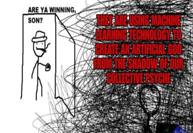 Stick-figure triumph in chaos: a minimalist figure in a bowler hat grins while mayhem writles on the other side, an existential commentary on AI and collective consciousness.