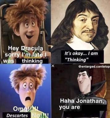 Animated vampire caught late by Descartes, who gets out of trouble by invoking the Cartesian cogito. A philosophy meme mashup.
