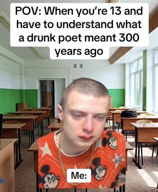 A Soviet-era classroom scene: a young boy in a red Mickey Mouse shirt sits overwhelmed at a wooden desk, staring downward, captioned on his frustration with understanding drunk 19th-century poets as homework.