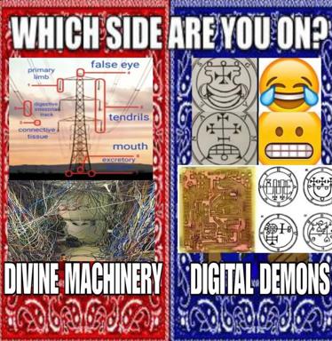 Which Side Are You On? compares nature's embodied machinery (labelled transmission tower–organism hybrid, soil roots) against digital occultism (emoji, goetic sigils, circuitry), asking which realm you inhabit.