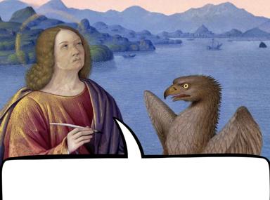 Renaissance maiden gazing at mountains paired with an emu photobomb — classical art meets internet absurdism.