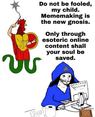 Esoteric two-register meme: classical warrior-rooster-serpent hybrid vs. bearded laptop-bound internet occultist, satirizing modern meme-based spirituality as a substitute for genuine spiritual knowledge.