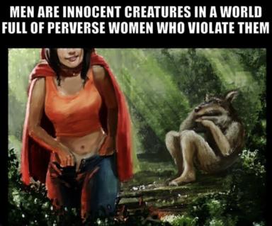 A provocative juxtaposition meme pairing a seductive woman in a red cape with a distressed primate, making a crude commentary on male vulnerability and female desire.