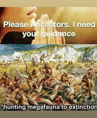 Ancestors-worship meme: romanticized plea for ancestral guidance meets historical reality of megafauna extinction hunts