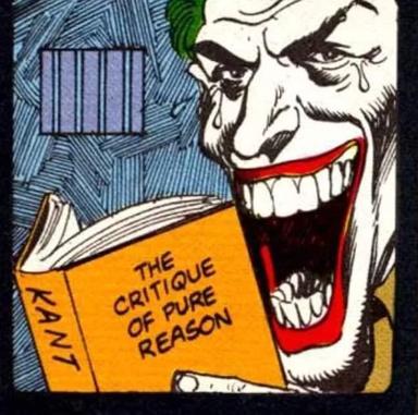 Joker figure cackling maniacally whilst reading Kant's Critique of Pure Reason — the absurdist gulf between transcendental idealism and chaos personified.
