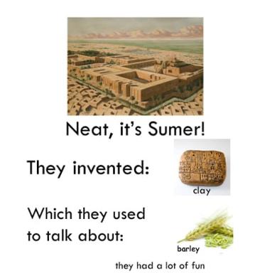 Sumerian city reconstruction + cuneiform/barley caption: they invented writing to talk about their harvests (and apparently, have fun doing it).