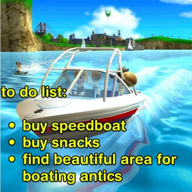 A to-do list meme: speedboat full of characters with a bucket-list gag about boating antics and snacks.